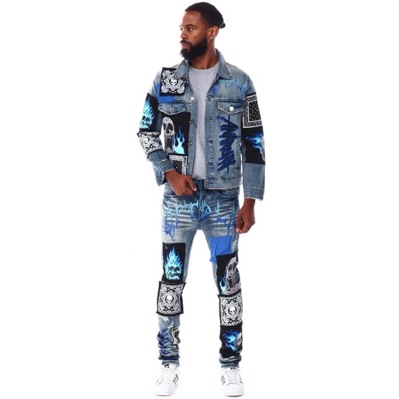 GFTD LA Los Angeles Men's Skinny Fit Panel Patch Fire Skull Distressed Rip Jeans - Picture 4 of 7